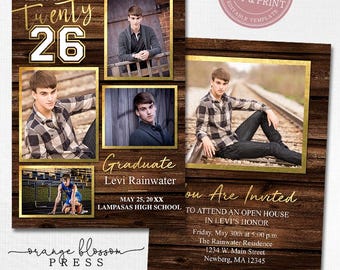 Dark Wood Rustic Graduation Invitation, Gold Personalized Photo Announcement, Template, Digital or Printed, Instant Edit & Download