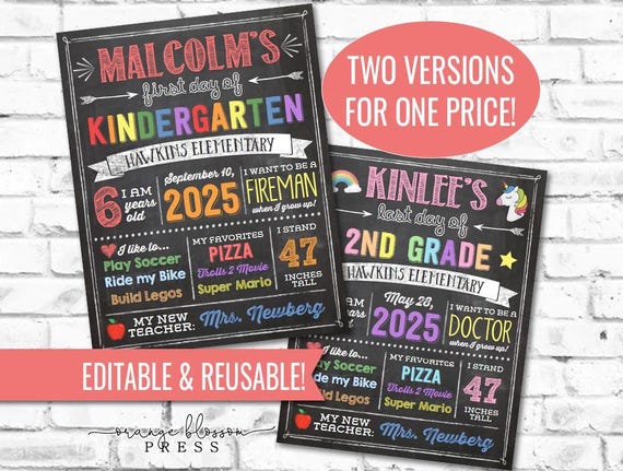 Chalkboard Back to School Sign, First Day or Last Day, Editable and Reusable, Boy or Girl, Printable, Instant Edit & Download, S01