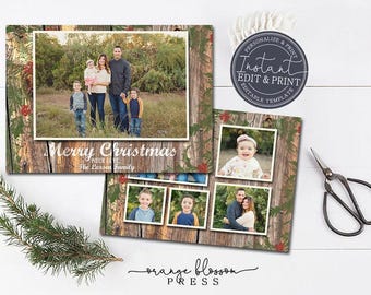 Photo Christmas Holiday Card, Rustic Christmas Card, Barn Wood, Holly Leaves, Country Christmas, Vintage Holiday, Instant Edit & Print