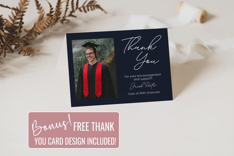 May include: A navy blue graduation thank you card with a photo of a graduate in a cap and gown with red stoles. The card features the words "Thank You" in elegant script, along with the graduate's name and class year. A bonus free thank you card design is included.