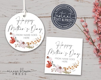 Mother's Day Gift Tags, Wildflower Treat Gift Tag, Labels, Watercolor, Personalized Printable, Instant Edit & Download