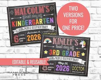 Chalkboard Back to School Sign, First or Last Day, Editable and Reusable, Boy or Girl, Personalized Printable, Instant Edit & Download, S01