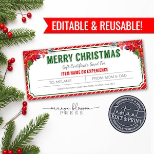 Christmas Gift Certificate Template, Event Trip Coupon, Personalized, Printable, Reusable, Custom, Editable, Instant Edit/Download