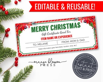 Christmas Gift Certificate Template, Event Trip Coupon, Personalized, Printable, Reusable, Custom, Editable, Instant Edit/Download