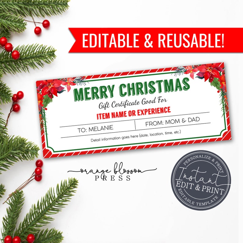 Christmas Gift Certificate Template, Event Trip Coupon, Personalized, Printable, Reusable, Custom, Editable, Instant Edit/Download image 1