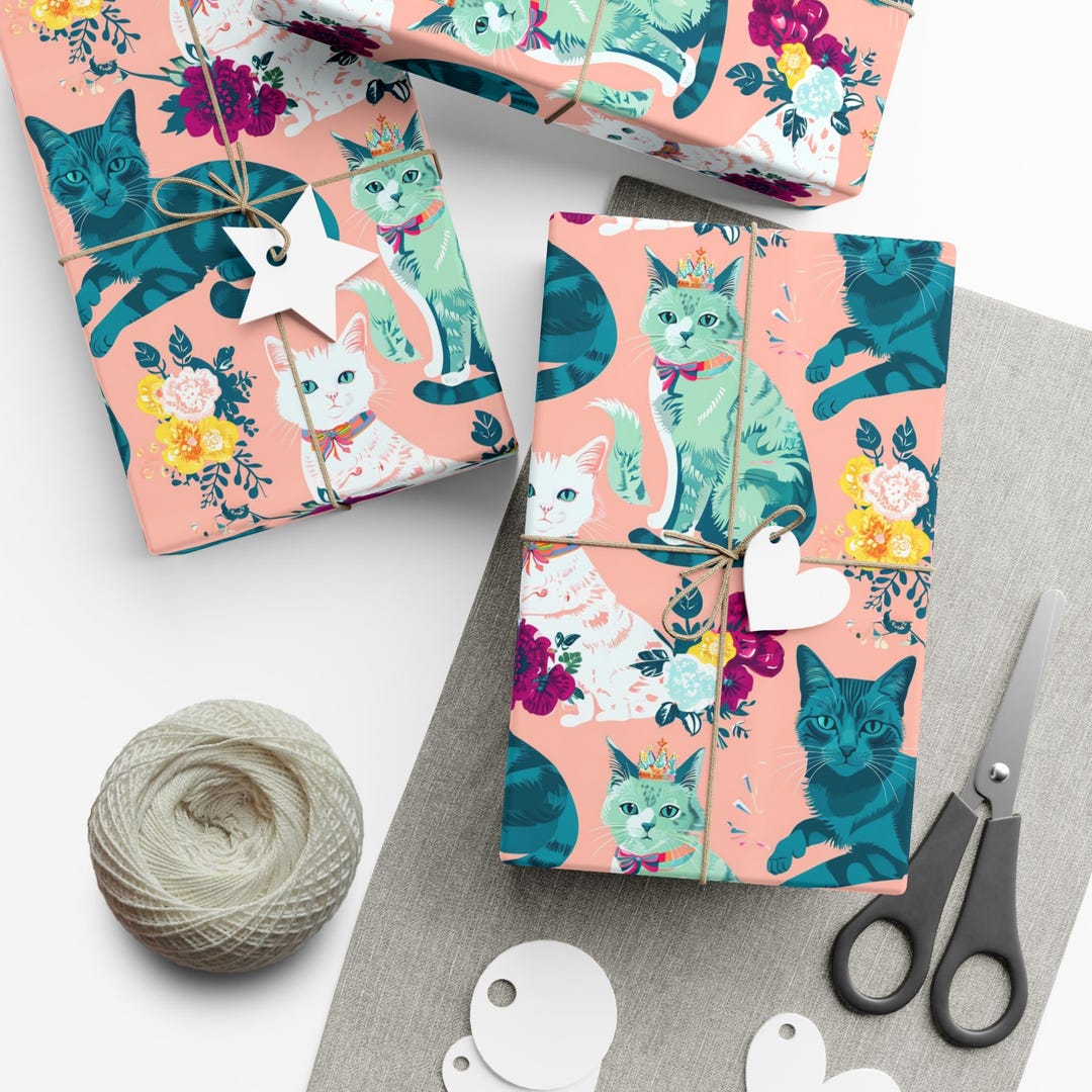 Whimsical Cat Gift Wrap Paper, Kitty Cat, Floral Cat, Christmas Gift ...