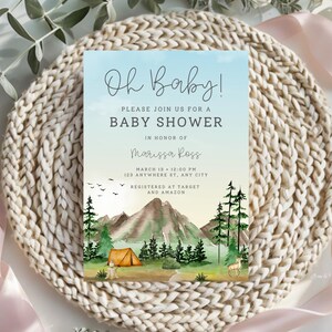 Invitación para baby shower de montaña - Baby shower con temática de camping - Plantilla editable Oh Baby - Invitación rústica para baby shower de naturaleza - Descarga digital