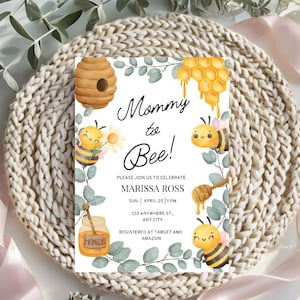 Invitación editable para baby shower de mamá a abeja, baby shower con temática de abejas, Celebra a mamá a abeja, Dulce como la miel, Bienvenida a la colmena, Plantilla de Canva