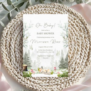 Invitación de baby shower con temática de bosque: Animales del bosque, plantilla editable (descarga digital)