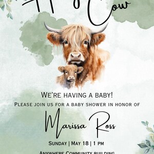 Puede incluir: Una invitaci&oacute;n a una fiesta de bienvenida al beb&eacute; con una ilustraci&oacute;n de acuarela de una vaca Highland y su ternero. El texto dice "Holy Cow! We're having a baby! Please join us for a baby shower in honor of Marissa Ross. Sunday, May 18, 1 PM. Anywhere Community Building, 123 Shower St, Anywhere, IA 55555. Registered at Target and Amazon."