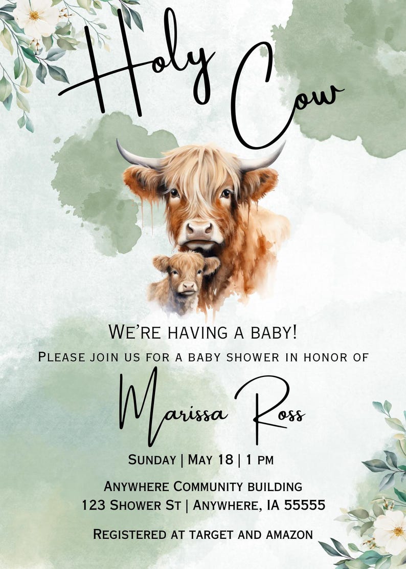 Puede incluir: Una invitaci&oacute;n a una fiesta de bienvenida al beb&eacute; con una ilustraci&oacute;n de acuarela de una vaca Highland y su ternero. El texto dice "Holy Cow! We're having a baby! Please join us for a baby shower in honor of Marissa Ross. Sunday, May 18, 1 PM. Anywhere Community Building, 123 Shower St, Anywhere, IA 55555. Registered at Target and Amazon."