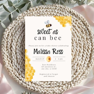 Invitación para baby shower de abejas, plantilla editable de Canva.