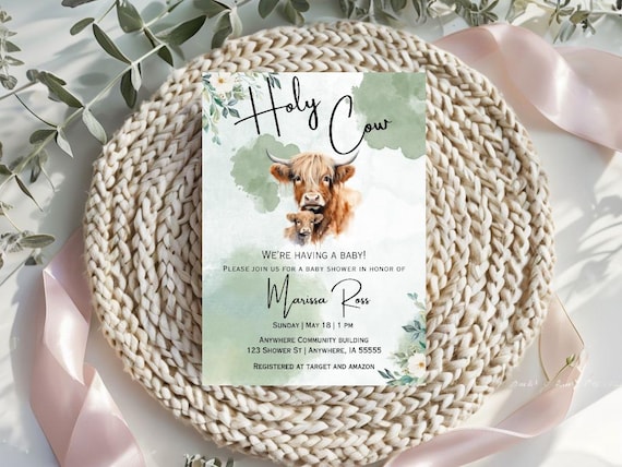 Holy Cow we are having a baby editable baby shower invite, cow themed, babyshower invite, highland cow, shower the mom to be, canva template