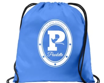 May include: A blue drawstring bag with black drawstrings. The bag features a white oval emblem with the text "Zeta Phi Beta Sorority, Inc." and a stylized "P" with a dove, and the word "Pearlette".