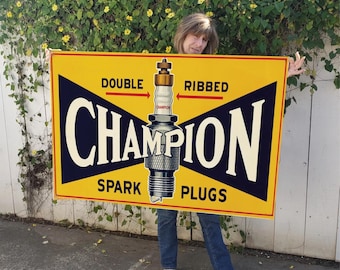 Vintage Champion Spark Plugs Enamel Sign: Automotive Garage Decor