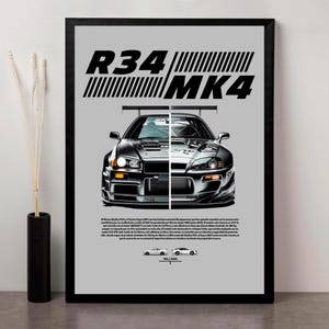 Puede incluir: Impresión enmarcada que muestra dos coches deportivos plateados, divididos por la mitad. La parte superior de la impresión tiene el texto "R34 MK4" en negro. La impresión también incluye texto e ilustraciones de coches pequeños en la parte inferior.
