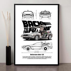 DeLorean DMC-12 Art mural Retour vers le futur | Impression d&#39;affiche de voiture de film classique | Oeuvre d&#39;art rétro de science-fiction pour garage et collectionneur