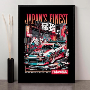 May include: A framed art print featuring a stylized illustration of a white, red, and blue sports car with a large spoiler. The artwork is set against a backdrop of a Japanese street scene with the text "JAPAN'S FINEST" and "DRIFT MASTERS ON THE EDGE".