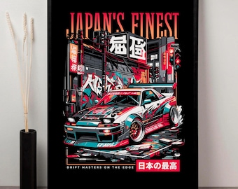 May include: A framed art print featuring a stylized illustration of a white, red, and blue sports car with a large spoiler. The artwork is set against a backdrop of a Japanese street scene with the text "JAPAN'S FINEST" and "DRIFT MASTERS ON THE EDGE".
