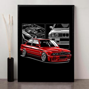 BMW E30 M3 Classic Car Wall Art | Red German Icon Poster Print | Retro Motorsport Artwork for Garage Decor & Car Enthusiast Gifts