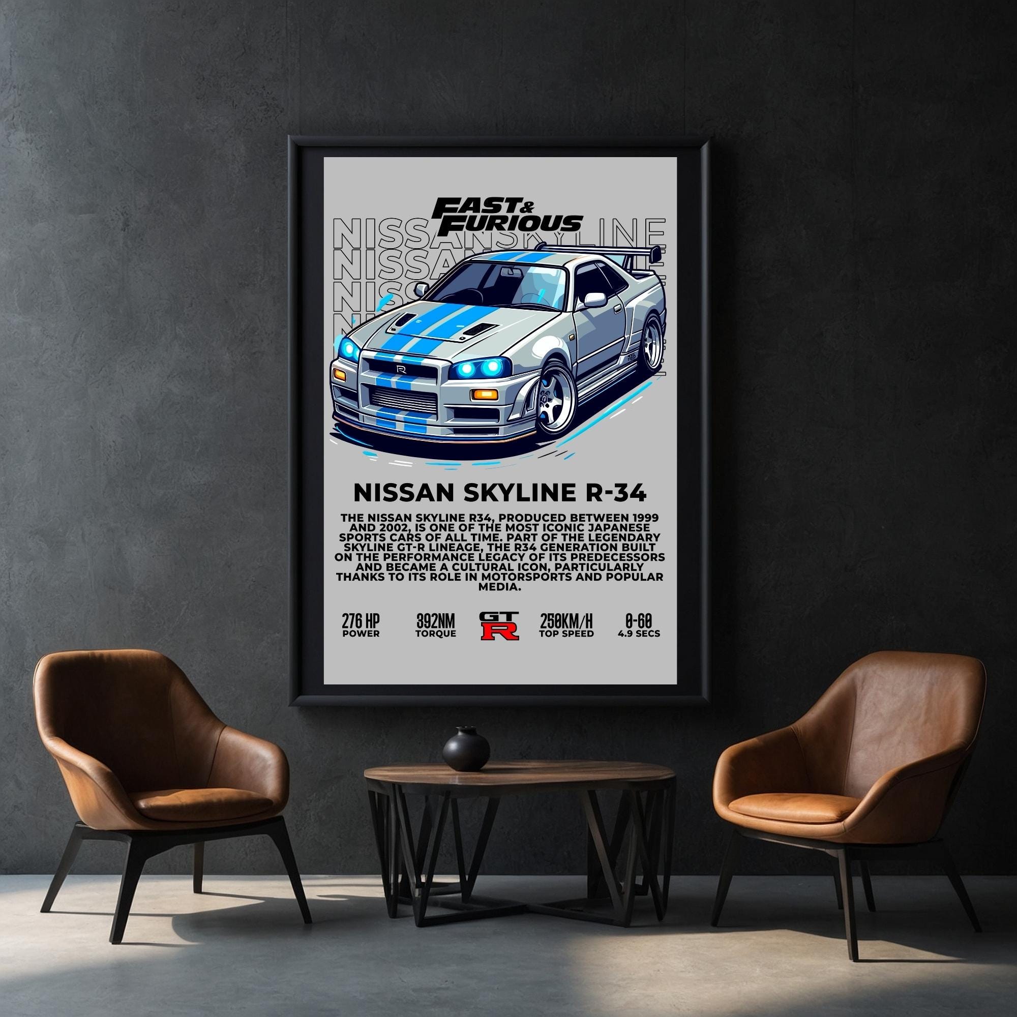 Printable Nissan Skyline R34 Poster | Fast & Furious Digital Art