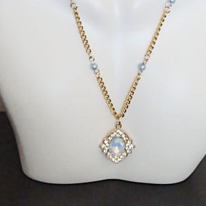 Light Blue or Pink Rhinestone Pendant Necklace, Gold Stainless Steel Chain, Pearl Beads
