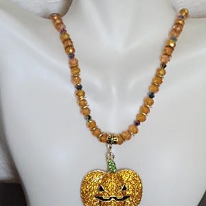 Halloween Pumpkin Necklace: Orange & Black Glass Beads, Rhinestone Charm
