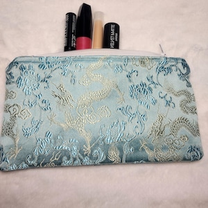 Aqua Blue Dragon Brocade Cosmetic Bag: Silk Zipper Pouch