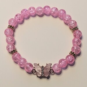 Light Pink Glass Bead Butterfly Charm Bracelet, Beaded Bracelet, Glass Bracelet, Spring Beaded Bracelet, Beaded Boho Bracelet
