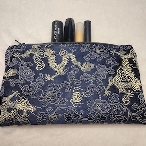 Dragon Brocade Cosmetic Bag: Navy Blue Silk Zipper Pouch