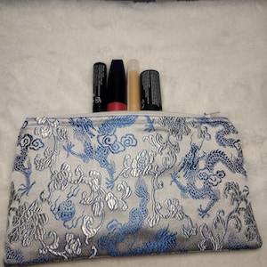Dragon Brocade Cosmetic Bag: Silver & Light Blue Silk Zipper Pouch