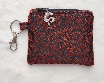 Red and Black Brocade Keychain Coin Purse: Zipper Pouch Travel Gift Change Purse, Gift