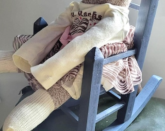Rocking Chair Wicker for Doll: Country Blue Wood, Toy Accessory, Vintage