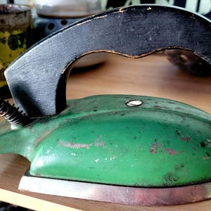 Vintage mini iron, Sunny Suzy, green metal with black wood handle, children&#39;s toy, 1950s