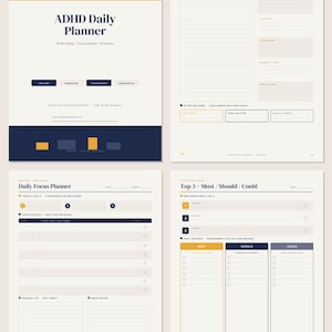 Pode incluir: Um conjunto de planejador diário TDAH digital com quatro páginas em tons de azul escuro, amarelo e creme. As páginas incluem seções para despejo de ideias, tarefas diárias e uma lista de prioridades com colunas de deve, deveria e poderia.