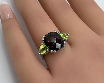 14K Gold Smoky Quarts & Peridot Ring - Size 7