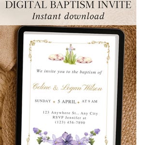 Convite de Batismo Cordeiro e Cruz - Convite de Batismo de Bebê Floral em Aquarela - Invitaciones para Bautizo