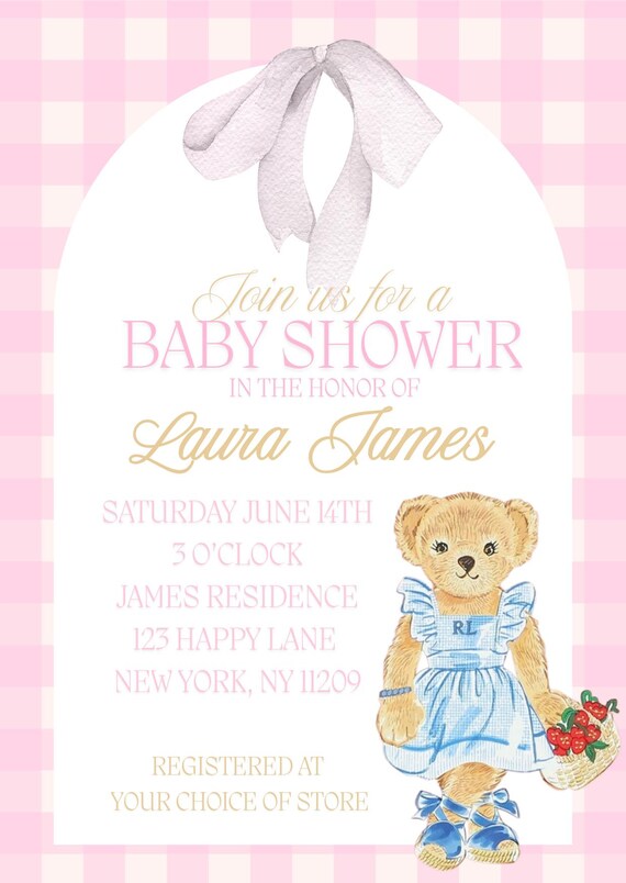 Pink Gingham Polo Ralph Lauren Baby Shower Invitation Template