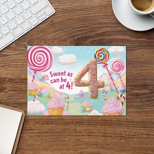 Super süß Geburtstagskarte 4 | Karte zum 4. Geburtstag | Süßigkeits-Themen-Karte | Kindergeburtstag Karte | Kuchen und Lollipop Karte