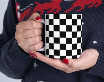 Checkered Ceramic Coffee Mug, Black and White Design, Appreciation Gift