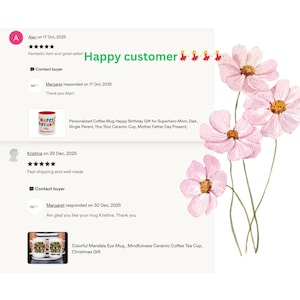 May include: The image shows customer feedback with a five-star rating and the text "Happy customer." A coffee mug with the words "Happy Birthday" is visible. Watercolor pink flowers are in the background.