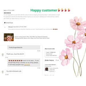 May include: Image of customer reviews with the text "Happy customer." Reviews mention satisfaction with the product, service, and shipping. The image includes a mug and pink flower illustrations.