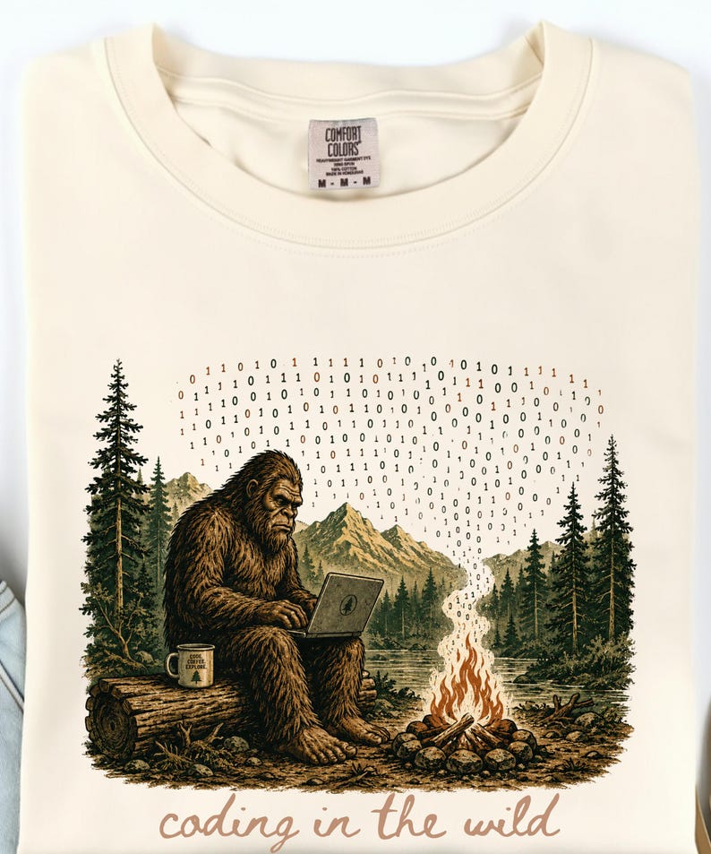 May include: A cream-coloured sweatshirt with a Bigfoot graphic coding on a laptop in a forest scene. The design includes a campfire, trees, mountains, and binary code. The text "coding in the wild" is at the bottom.