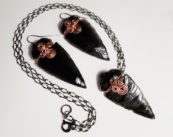 Obsidian Arrowhead Jewelry Set - Copper Wire detail - Dangle Earrings and Pendant Necklace