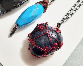 Pendant Necklace: Purple Stone, Magenta wire-wrap swirls, 24" chain