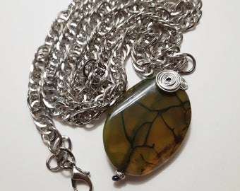 Pendant necklace: Green Agate with Silver Swirl with 24" chain