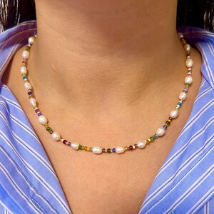Dainty Freshwater Natural Pearl Choker, Multicolor Beaded Pearl Jewelry, Crystal Gem Necklace, Handmade Pearl Beaded Necklace
