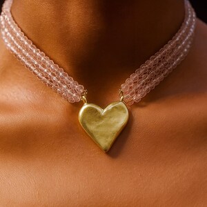 Gold Heart Necklace with Pink Crystal Beads | Romantic Handmade Choker | Women&#39;s Heart Choker Necklace | Handcrafted Jewelry