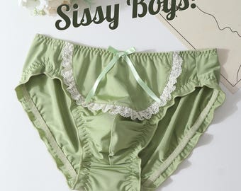 Calcinha Sissy Sage Green Cotton Pouch, Calcinha Femboy Rendada, Calcinha Feminina com Bolsa, Calcinha Trans, Presente para Sissy Boys, Moda Masculina