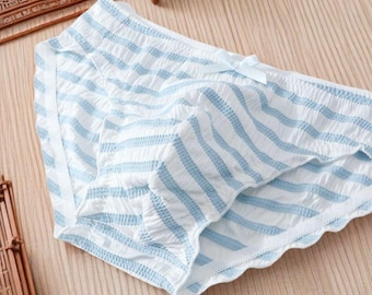 Calcinha Sissy Azul de Algodão, Calcinha Femboy Listrada com Laço, Calcinha Feminina com Bolsa, Calcinha Trans, Presente para Crossdresser, Moda Trans
